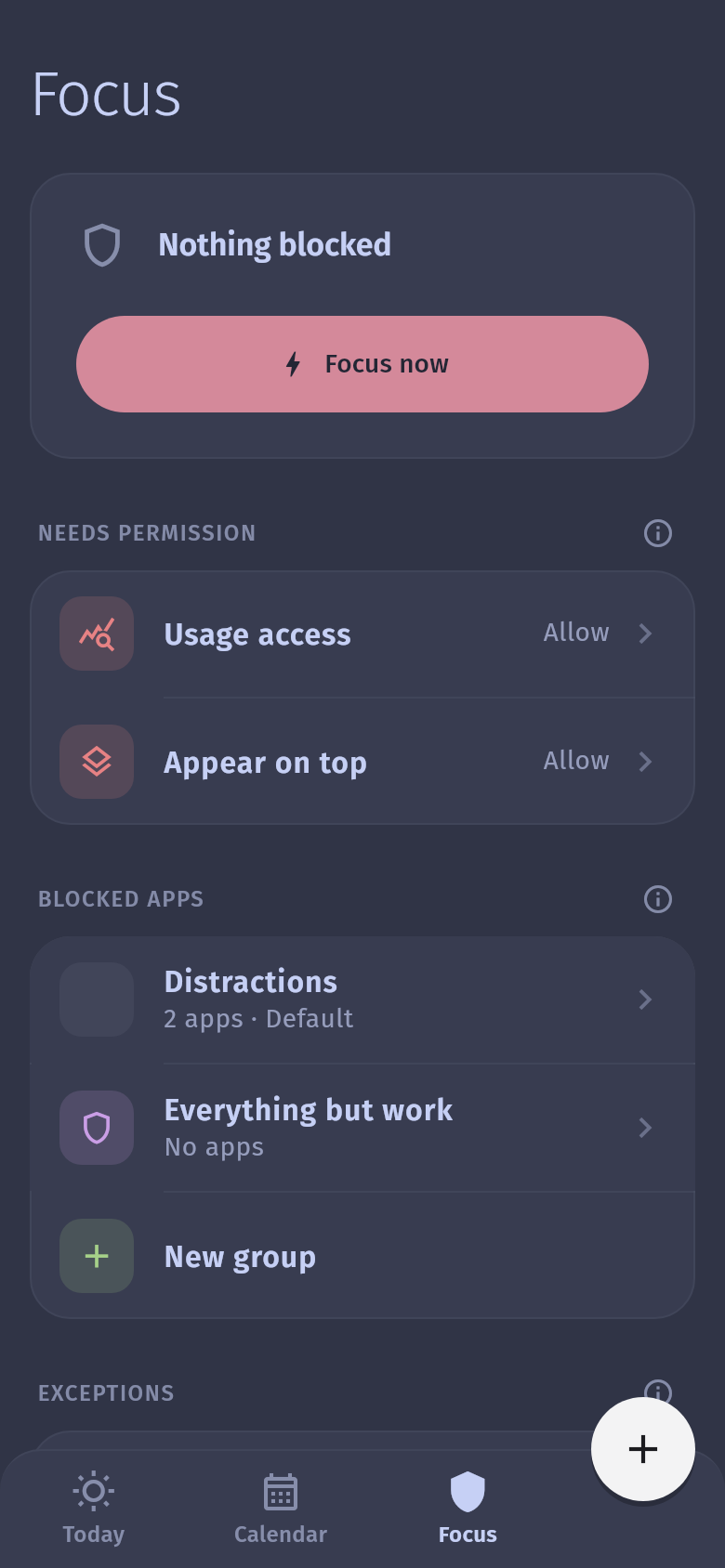 Focus, with nothing blocked yet. Focus now, and the two Android permissions: Usage access and Appear on top.