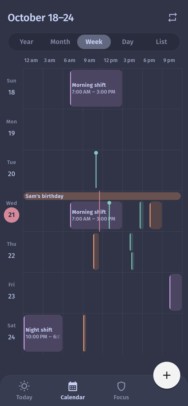 The week of October 18 to 24, days down the page. Saturday has a night shift starting at 10:00 PM.